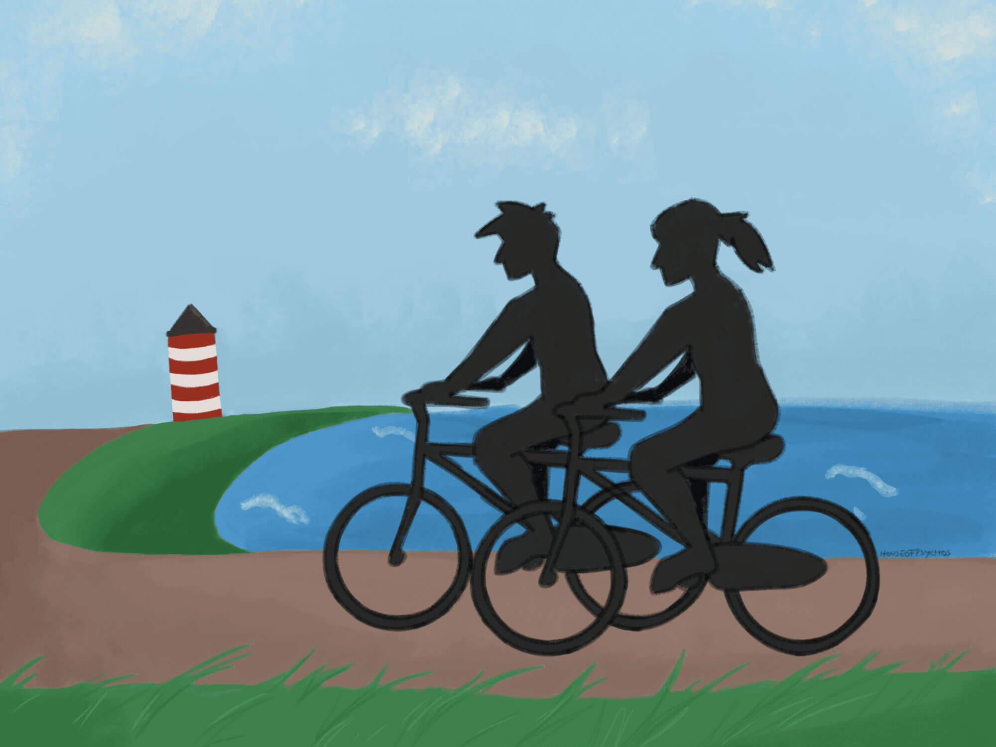 Zwei silhouettierte Personen fahren Fahrräder auf einem Weg entlang einer Küste. Ein rot-weiß gestreifter Leuchtturm steht in der Ferne. Der Himmel ist blau mit wenigen Wolken, und die Landschaft ist grün.