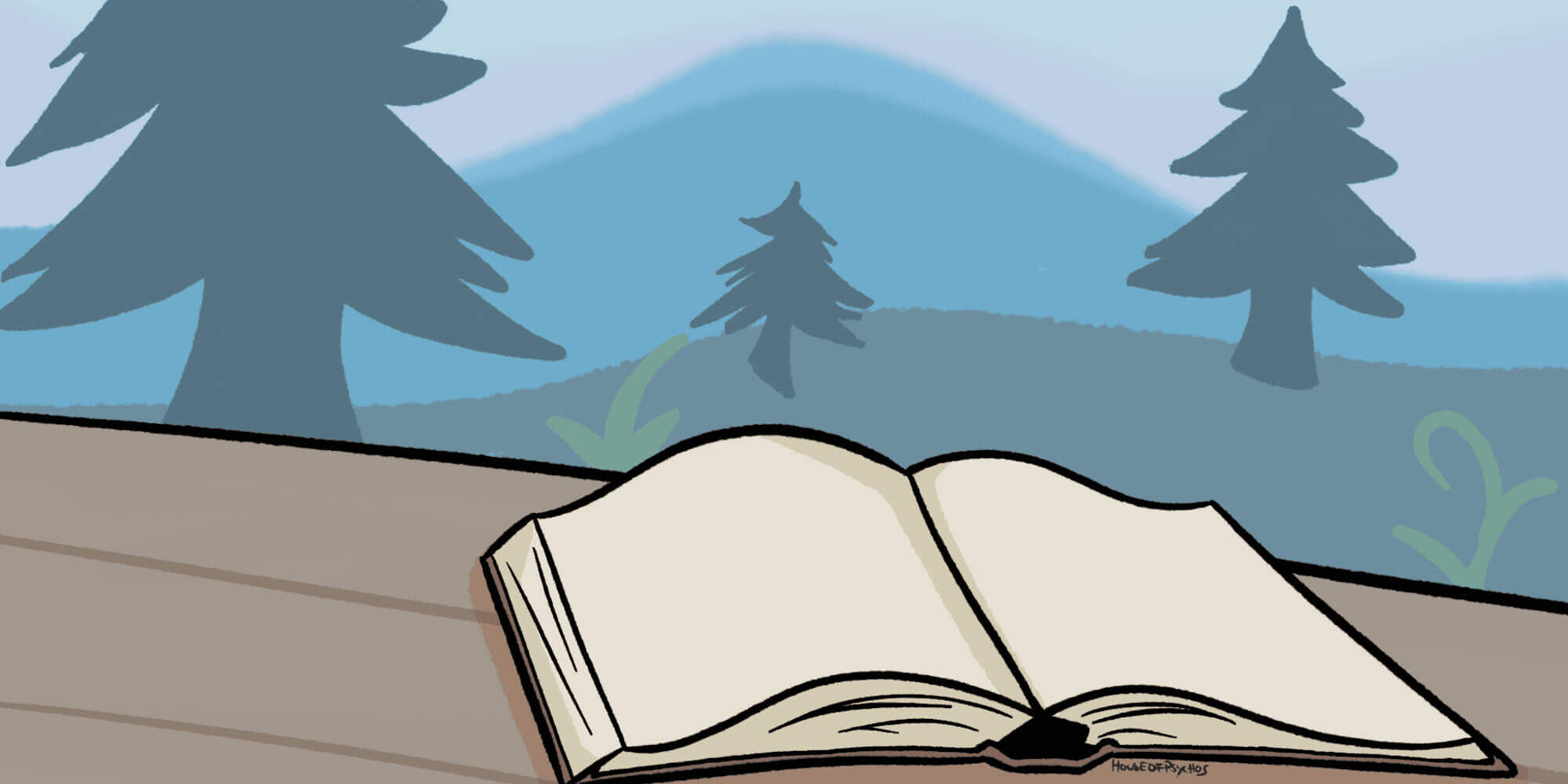 Ein aufgeschlagenes Buch liegt auf einem Holztisch. Im Hintergrund sind unscharfe, stilisierte Bäume und Berge in Blautönen zu sehen, die eine ruhige Waldszene andeuten.