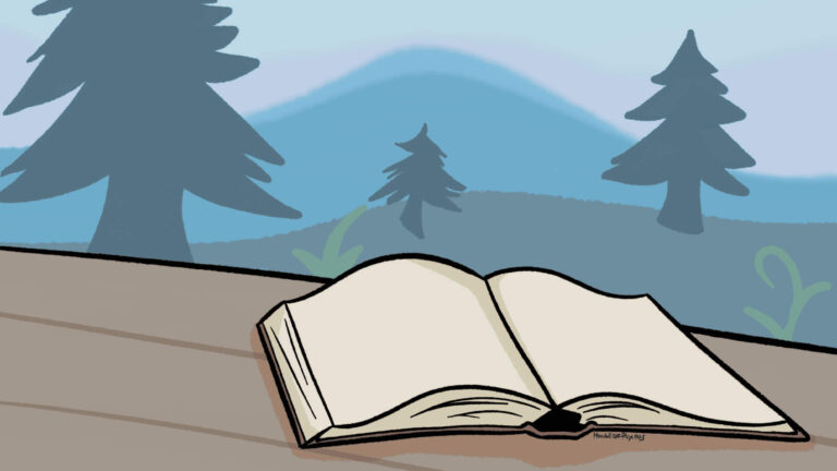 Ein aufgeschlagenes Buch liegt auf einem Holztisch. Im Hintergrund sind unscharfe, stilisierte Bäume und Berge in Blautönen zu sehen, die eine ruhige Waldszene andeuten.