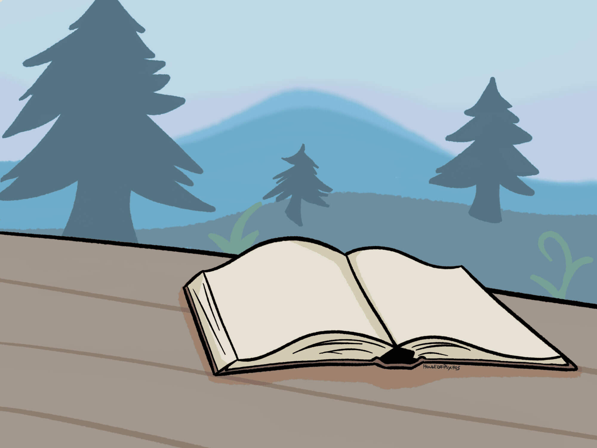 Ein aufgeschlagenes Buch liegt auf einem Holztisch. Im Hintergrund sind unscharfe, stilisierte Bäume und Berge in Blautönen zu sehen, die eine ruhige Waldszene andeuten.