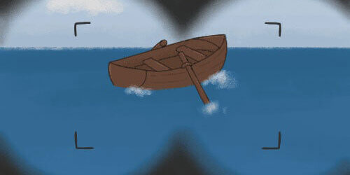 Illustration eines braunen Ruderboots, das auf dem blauen Meer schwimmt. Das Bild wird von einem dunklen, kreisförmigen Rahmen eingerahmt, der an ein Fernglas erinnert.