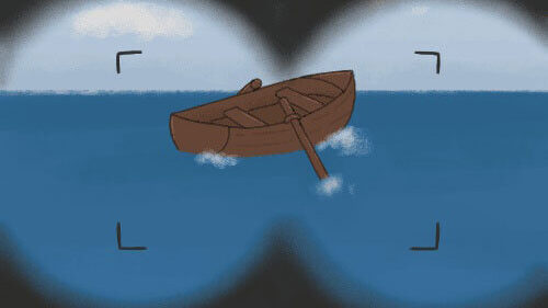 Illustration eines braunen Ruderboots, das auf dem blauen Meer schwimmt. Das Bild wird von einem dunklen, kreisförmigen Rahmen eingerahmt, der an ein Fernglas erinnert.