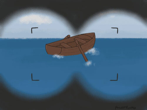 Illustration eines braunen Ruderboots, das auf dem blauen Meer schwimmt. Das Bild wird von einem dunklen, kreisförmigen Rahmen eingerahmt, der an ein Fernglas erinnert.