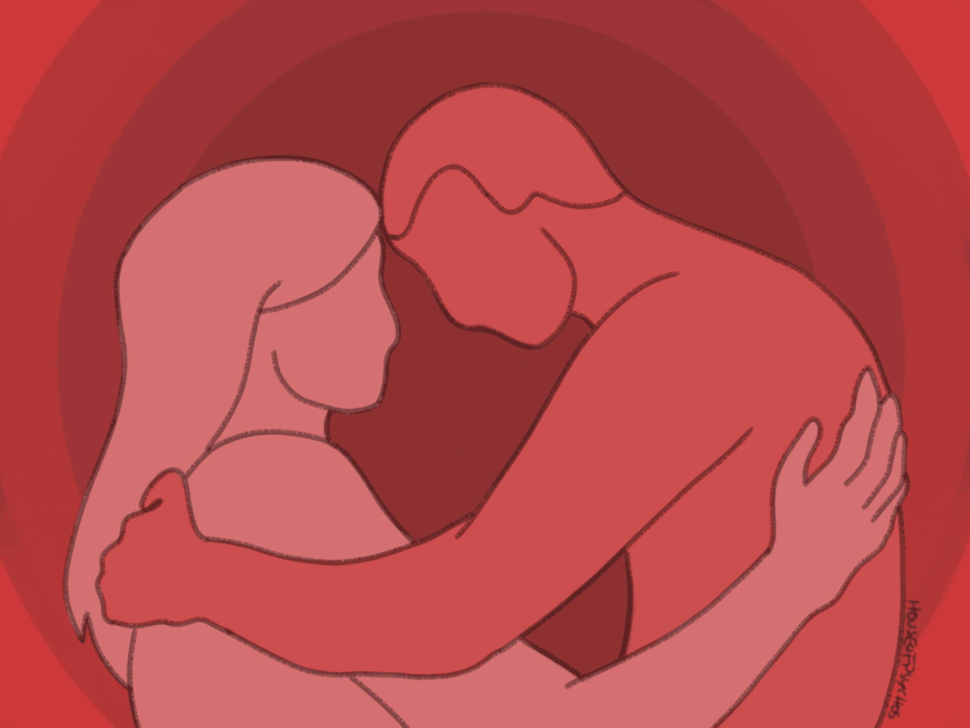 Zwei stilisierte Personen umarmen sich innig. Die Figuren sind in Rot- und Rosatönen gehalten und befinden sich vor einem roten Hintergrund mit konzentrischen Kreisen.