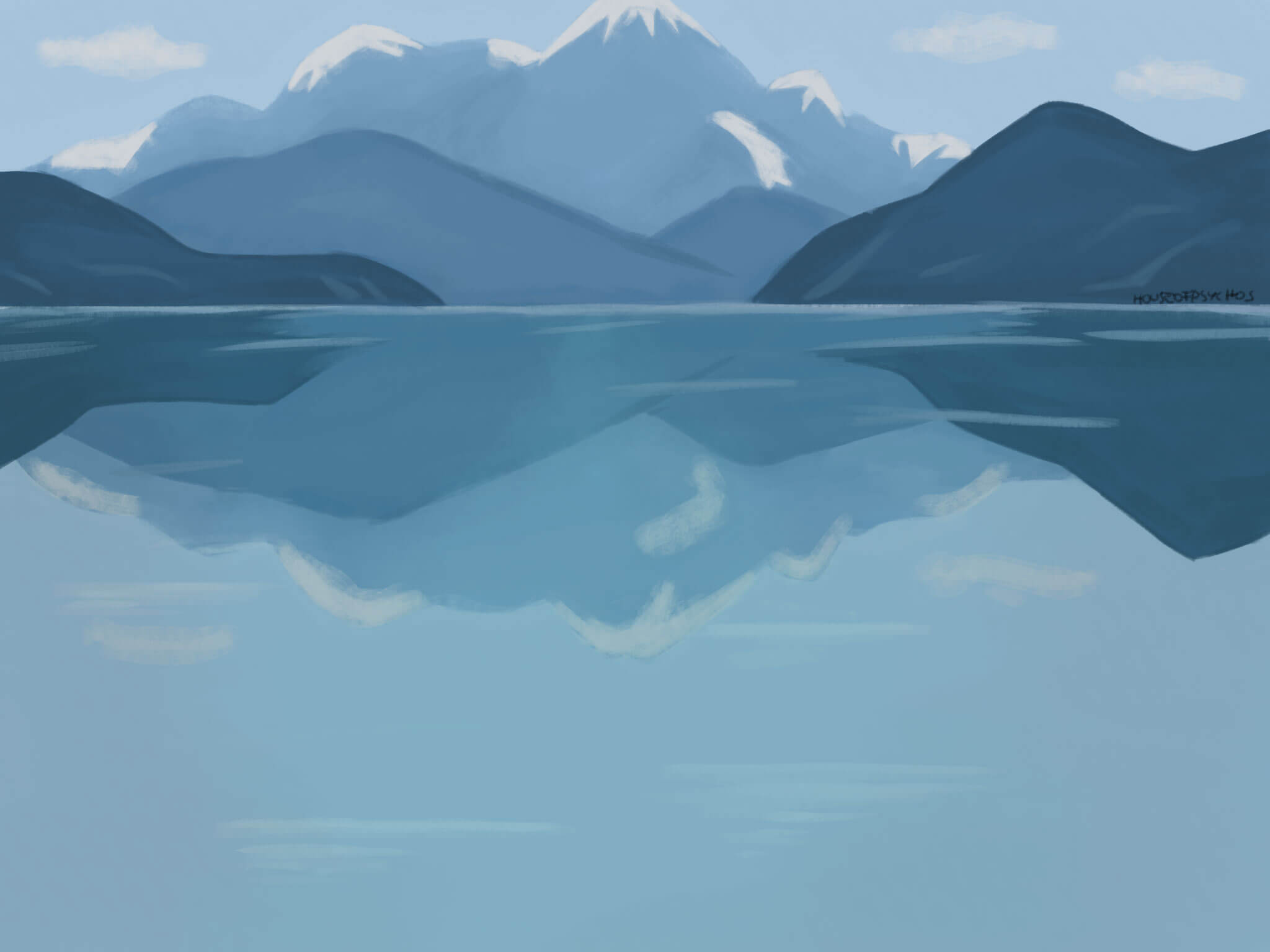 Eine friedliche Seelandschaft mit ruhigem Wasser, das Berggipfel im Hintergrund reflektiert. Der Himmel ist blau mit einigen Wolken, und die umliegenden Hügel sind dunkelblau gefärbt.
