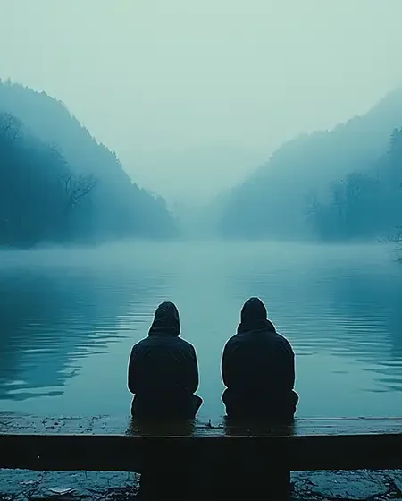 Zwei Personen sitzen auf einer Bank am Ufer eines Sees. Die Landschaft ist von Nebel umhüllt, umgeben von bewaldeten Hügeln. Die Szene vermittelt eine ruhige und melancholische Atmosphäre.