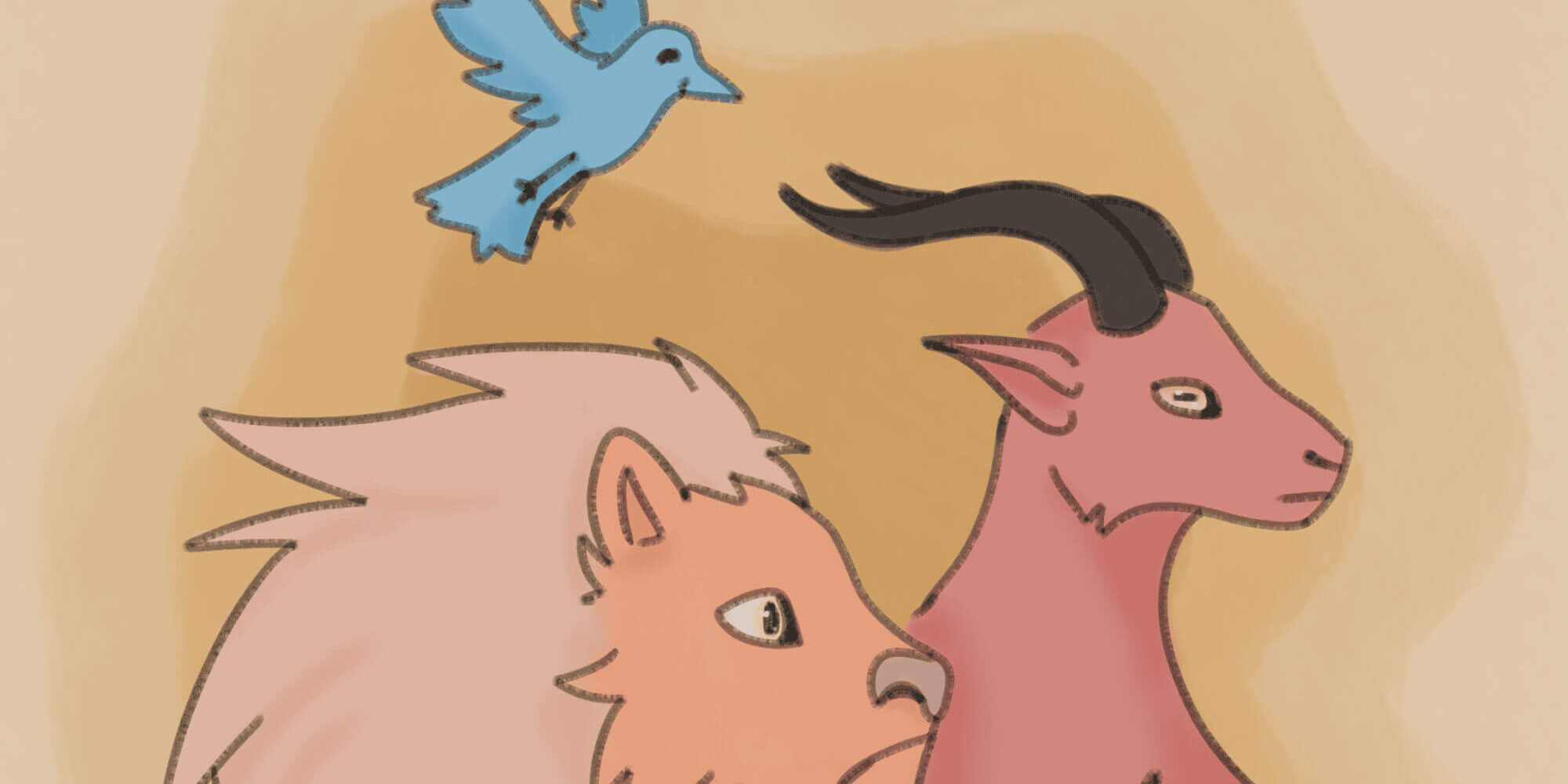 Ein illustriertes Bild zeigt einen blauen Vogel, einen löwenartigen Kopf mit hellem Fell und eine rosafarbene Ziege mit langen Hörnern. Die Tiere sind gezeichnet und blicken nach rechts.