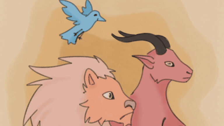 Ein illustriertes Bild zeigt einen blauen Vogel, einen löwenartigen Kopf mit hellem Fell und eine rosafarbene Ziege mit langen Hörnern. Die Tiere sind gezeichnet und blicken nach rechts.