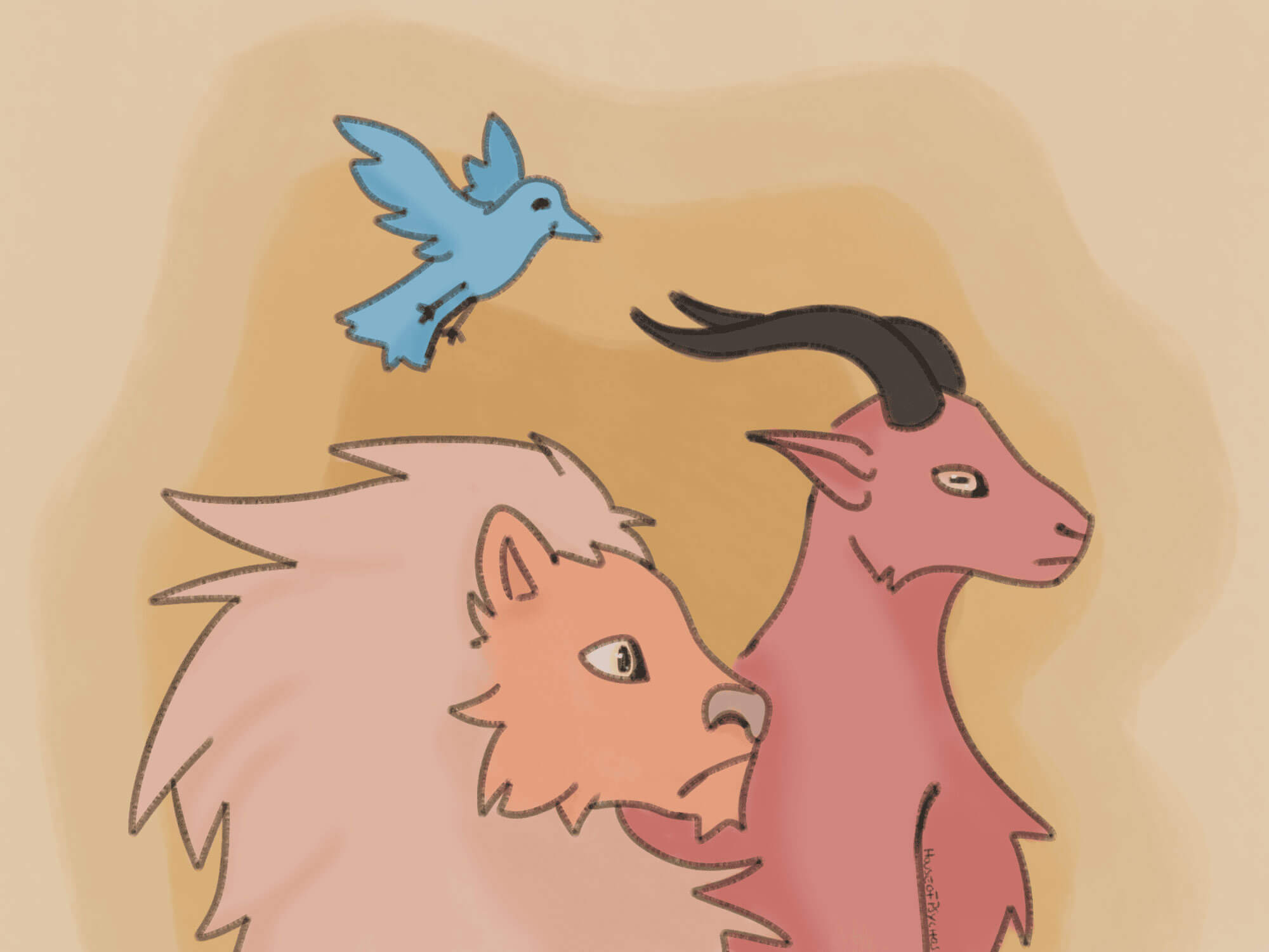 Ein illustriertes Bild zeigt einen blauen Vogel, einen löwenartigen Kopf mit hellem Fell und eine rosafarbene Ziege mit langen Hörnern. Die Tiere sind gezeichnet und blicken nach rechts.