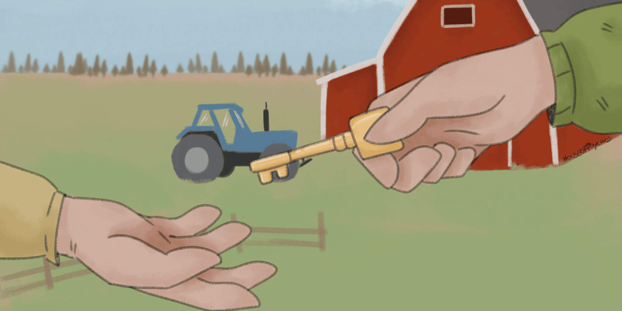 Zwei Hände vor einem Bauernhof: Eine Hand gibt einen goldenen Schlüssel in die offene Hand einer anderen Person. Im Hintergrund sind ein roter Schuppen und ein blauer Traktor auf einem Feld zu sehen.