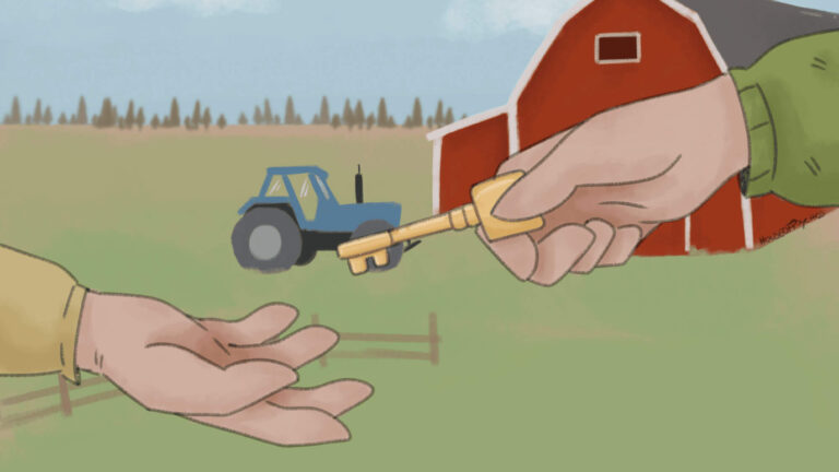Zwei Hände vor einem Bauernhof: Eine Hand gibt einen goldenen Schlüssel in die offene Hand einer anderen Person. Im Hintergrund sind ein roter Schuppen und ein blauer Traktor auf einem Feld zu sehen.