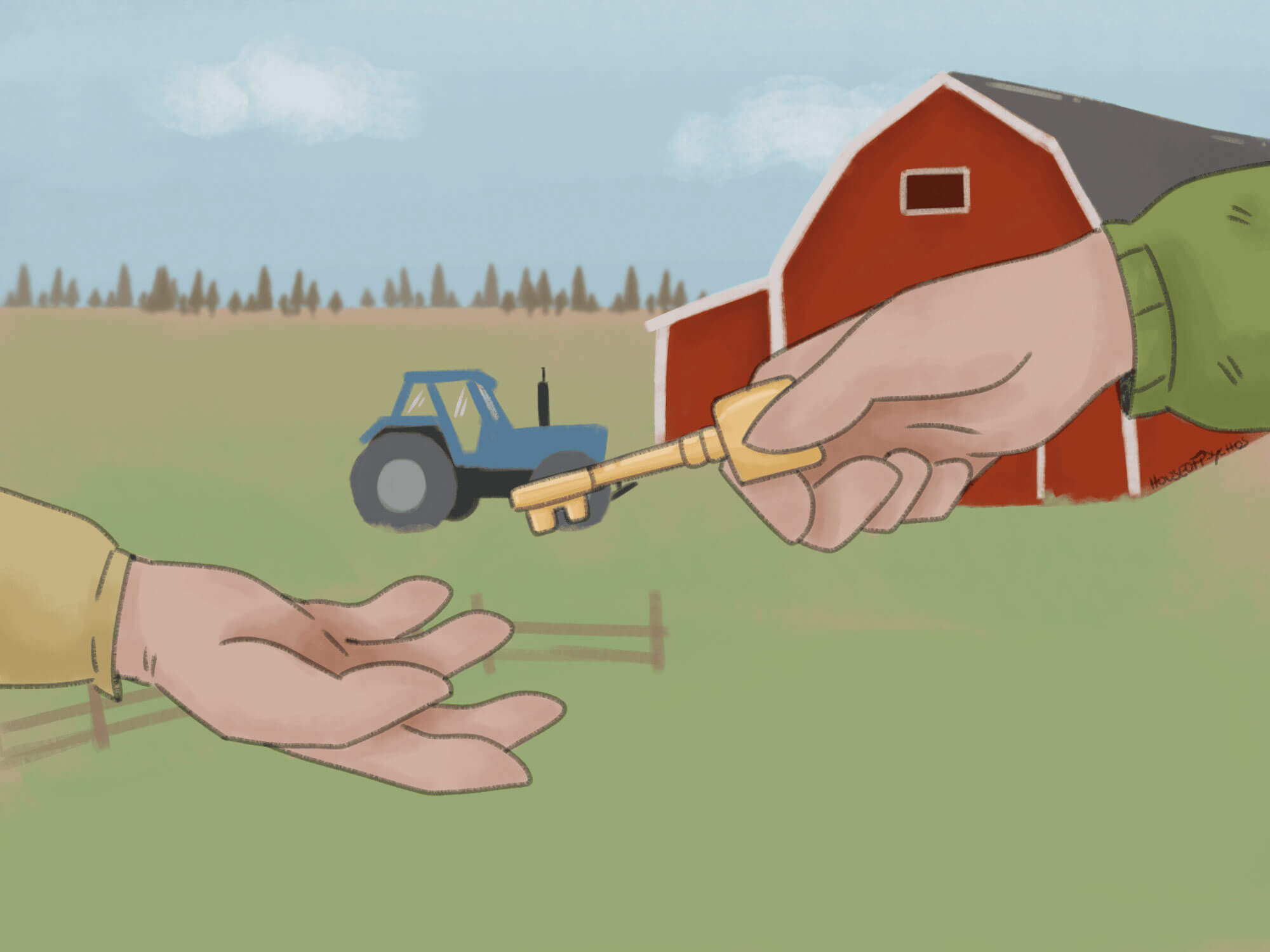 Zwei Hände vor einem Bauernhof: Eine Hand gibt einen goldenen Schlüssel in die offene Hand einer anderen Person. Im Hintergrund sind ein roter Schuppen und ein blauer Traktor auf einem Feld zu sehen.