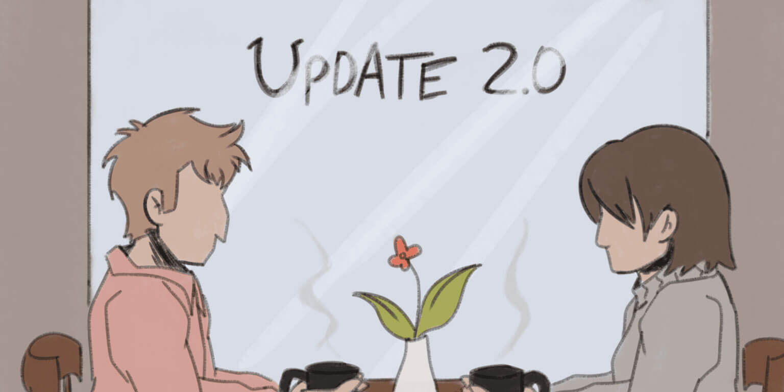 Zwei stilisierte Personen sitzen sich an einem Tisch in einem Café gegenüber. Beide halten Kaffeetassen. Im Hintergrund ist ein Fenster mit der Aufschrift "Update 2.0". Auf dem Tisch steht eine Vase mit einer Blume.