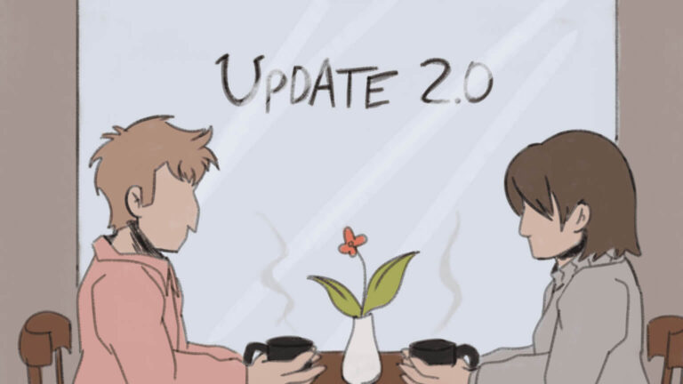 Zwei stilisierte Personen sitzen sich an einem Tisch in einem Café gegenüber. Beide halten Kaffeetassen. Im Hintergrund ist ein Fenster mit der Aufschrift "Update 2.0". Auf dem Tisch steht eine Vase mit einer Blume.