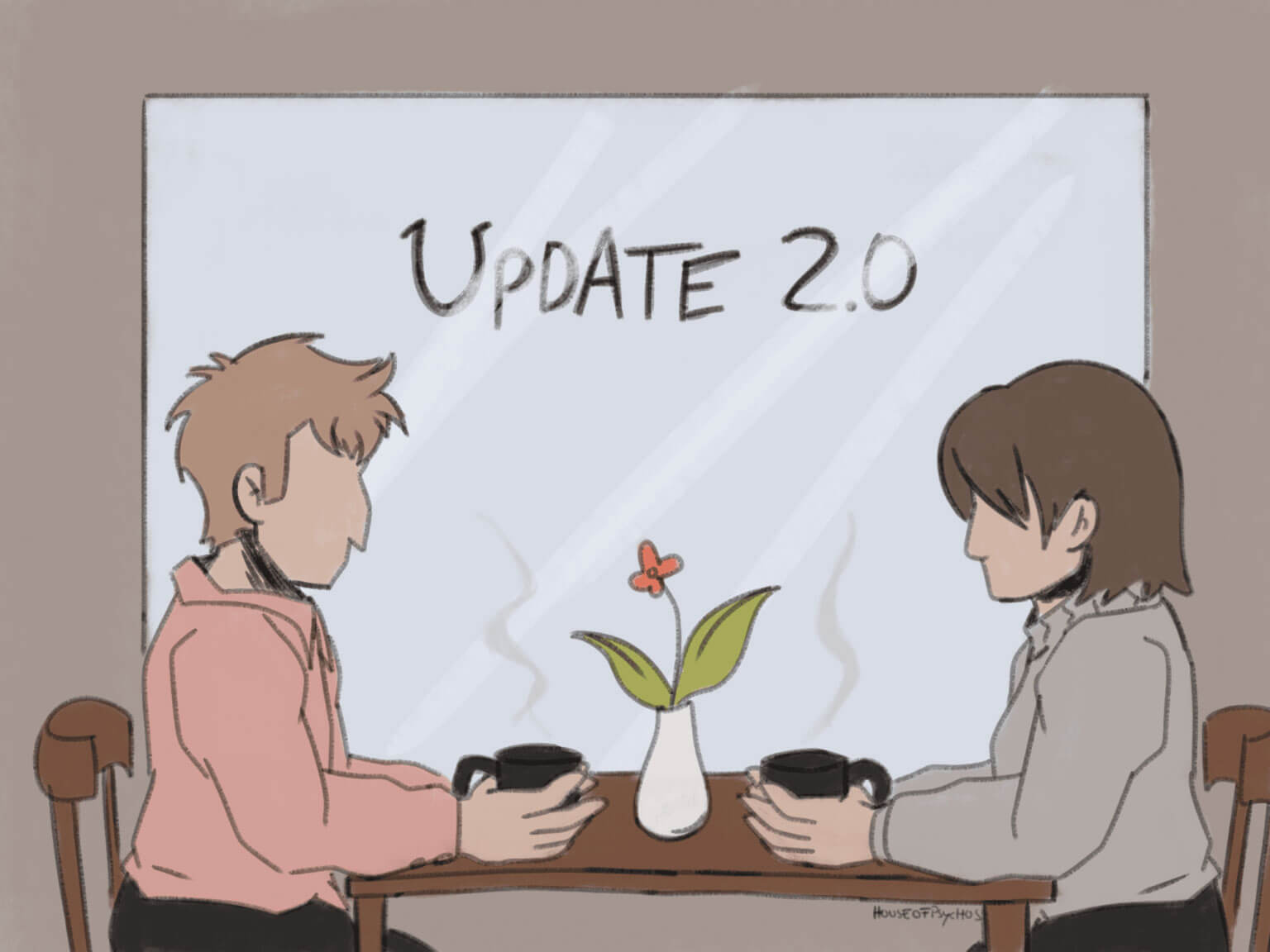 Zwei stilisierte Personen sitzen sich an einem Tisch in einem Café gegenüber. Beide halten Kaffeetassen. Im Hintergrund ist ein Fenster mit der Aufschrift "Update 2.0". Auf dem Tisch steht eine Vase mit einer Blume.