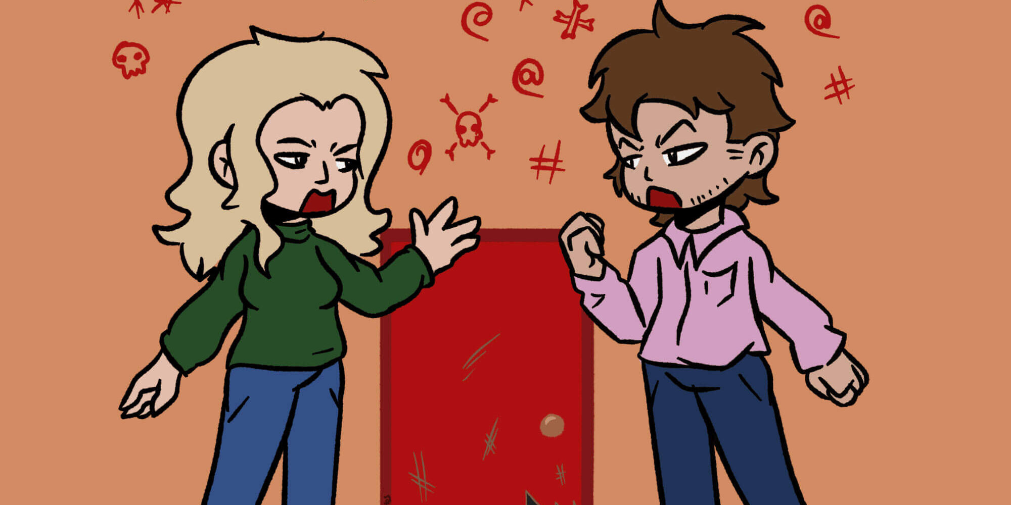 Zwei animierte Figuren stehen wütend vor einer roten Tür mit Kratzern. Die blonde Person links trägt einen grünen Pullover, die Person rechts mit braunen Haaren trägt ein rosa Hemd. Über ihnen sind wütende Symbole.